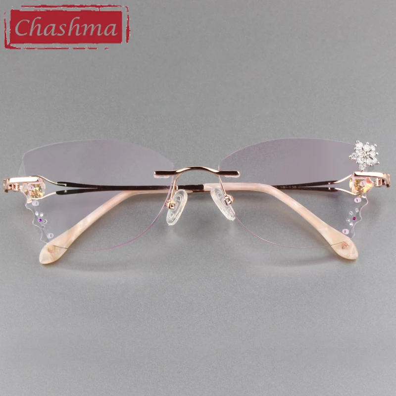 US $33.59 Butterfly Female Eye Glasses Titanium Gray Red Lens Diamond Trimmed Rimless Spectacle Frames Women Sunglasses Tint Lenses