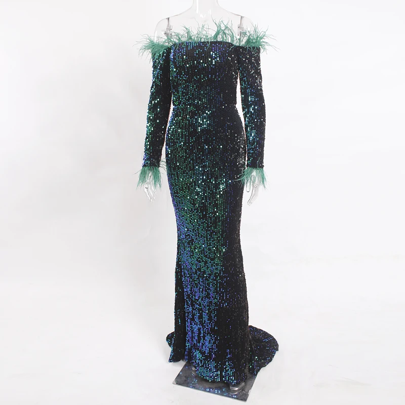 Черный блестящий Платье с блесткамиплатье для вечеринки декорирование перьев с длинными рукавамидлина пола платье соткрытыми плечами эластичный Подкладка тугой вечернее платье - Цвет: Зеленый