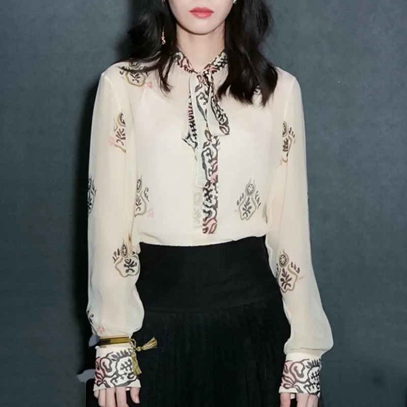

Runway Print Chiffon Blouse 2019 Fall See Through Women Shirts Elegant Long Sleeve Womens Tops and Blouses Chiffon Blouse