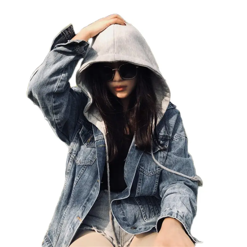 

Detachable Hooded Coat Women Classic Denim Jacket College Casual Vintage Loose Long Sleeve Outerwear Couple Jeans Jackets f1394