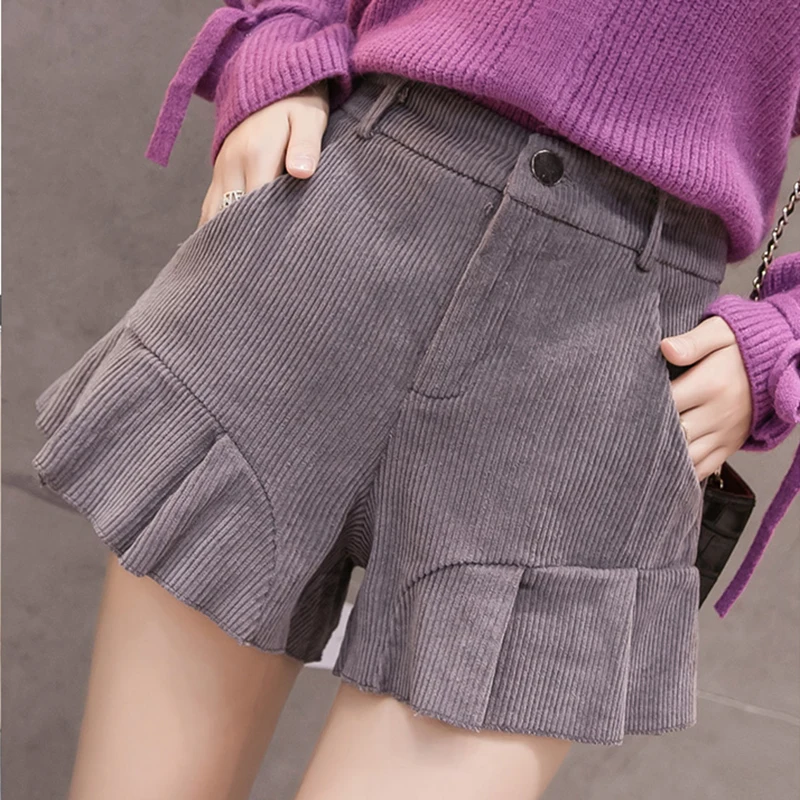2020 Fashion High Waisted Skirt Shorts Women Autumn Winter Corduroy Ruffles Kawaii Shorts Female Loose Wide Leg Short Feminino