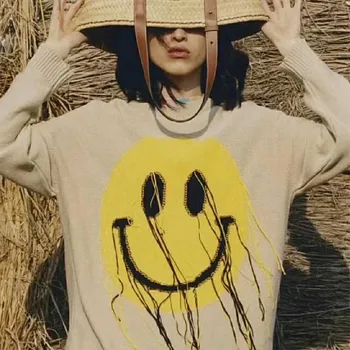 

2020 Autumn Winter Knitwear Long Sleeve Smile Face Tassel Hand Knitted Sweater Top for Men Women Unisex L1