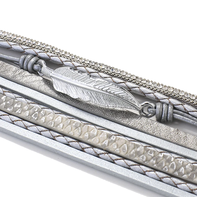 Amorcome Metal Feather Genuine Leather Bracelet for Women Jewelry Fashion Multilayer Bohemian Charm Wide Bracelets & Bangles - Image 5