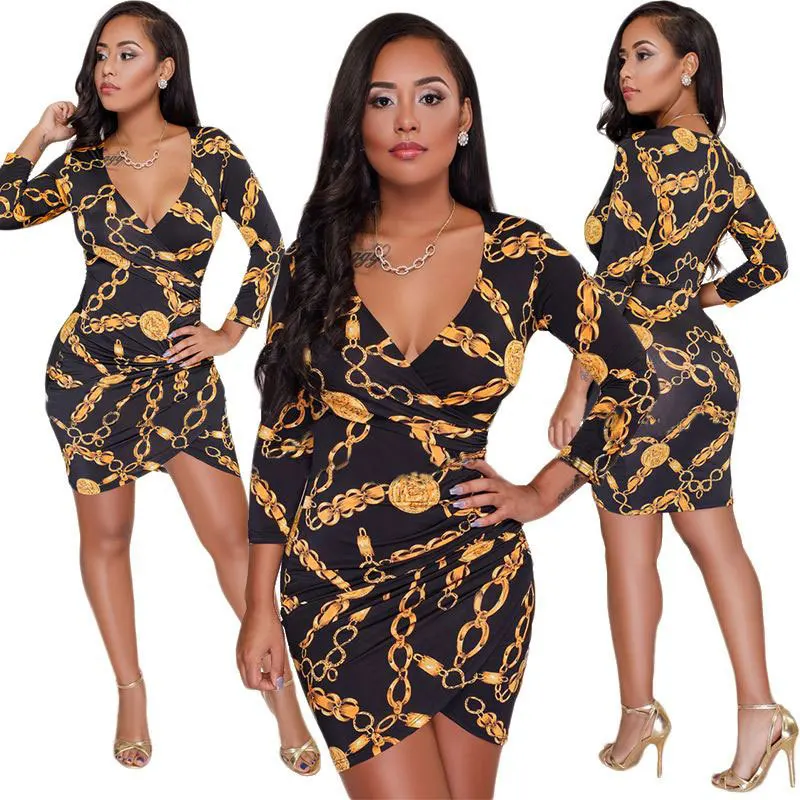 

Beay Women's Clothing 2018 Western Style Fashion Printed V-neck Sexy Irregular Dress