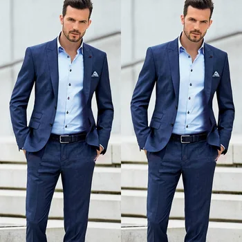 

Dark Blue Beach Groom Tuexdos Custom Made Men Suits For Wedding Two Buttons Prom Formal Occasion Tuxedos ( Jacket+Pant)