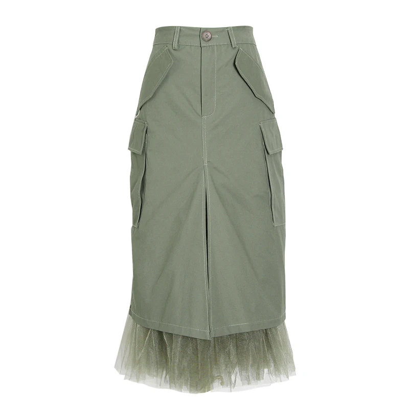 TWOTWINSTYLE Patchwork Mesh Skirt Women High Waist Pocket Split Casual Straight Skirts Female 2020 Summer Fashion New Clothing