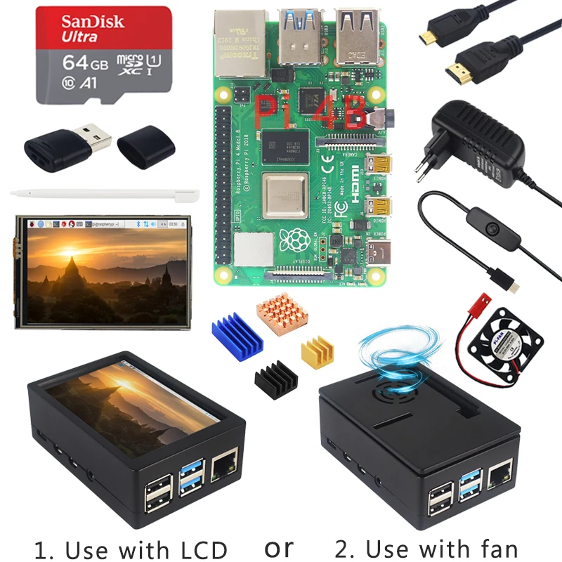 Raspberry Pi 4 Model B + Case + Power Supply + 64GB SD Card+ Heatsink Optional 3.5 inch Touch Scree