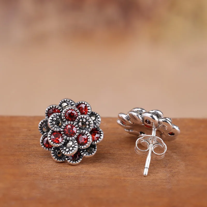 Uglyless Blooming Flower Garnet Earrings for Women Vintage Ethnic Marcasite Stud Earrings Real 925 Silver Brincos Jewelry E1540