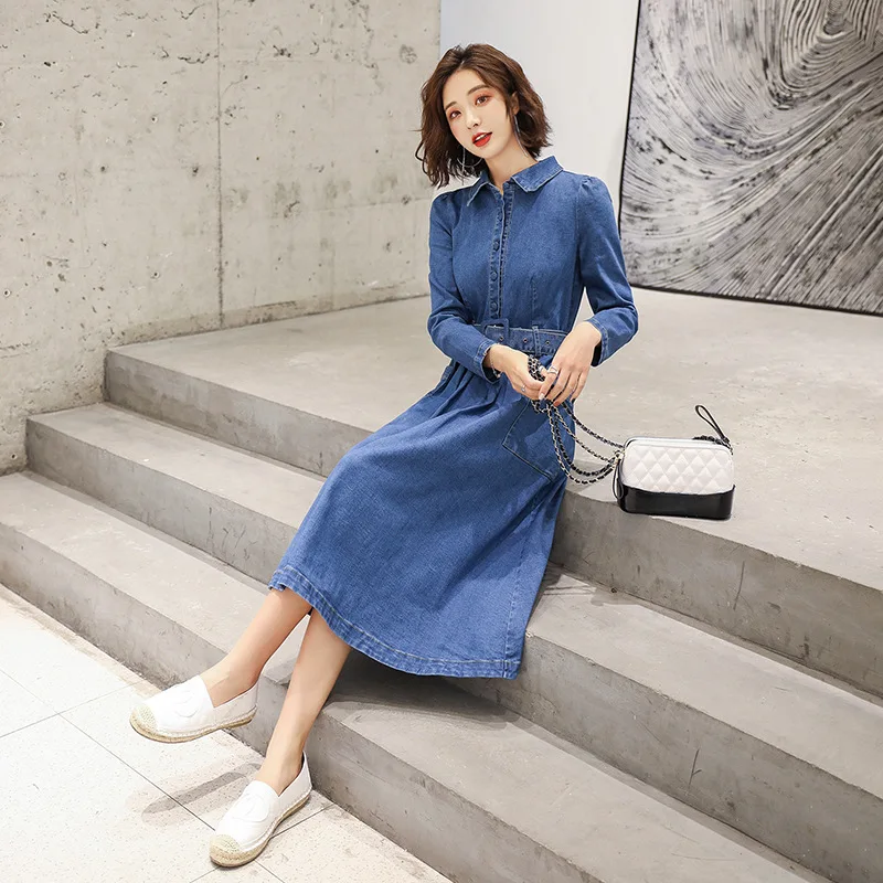 

2020 Season Suit-dress Lapel Wash Cowboy Skirt Self-cultivation Skinny Chalaza Long Sleeve Ma'am Dress