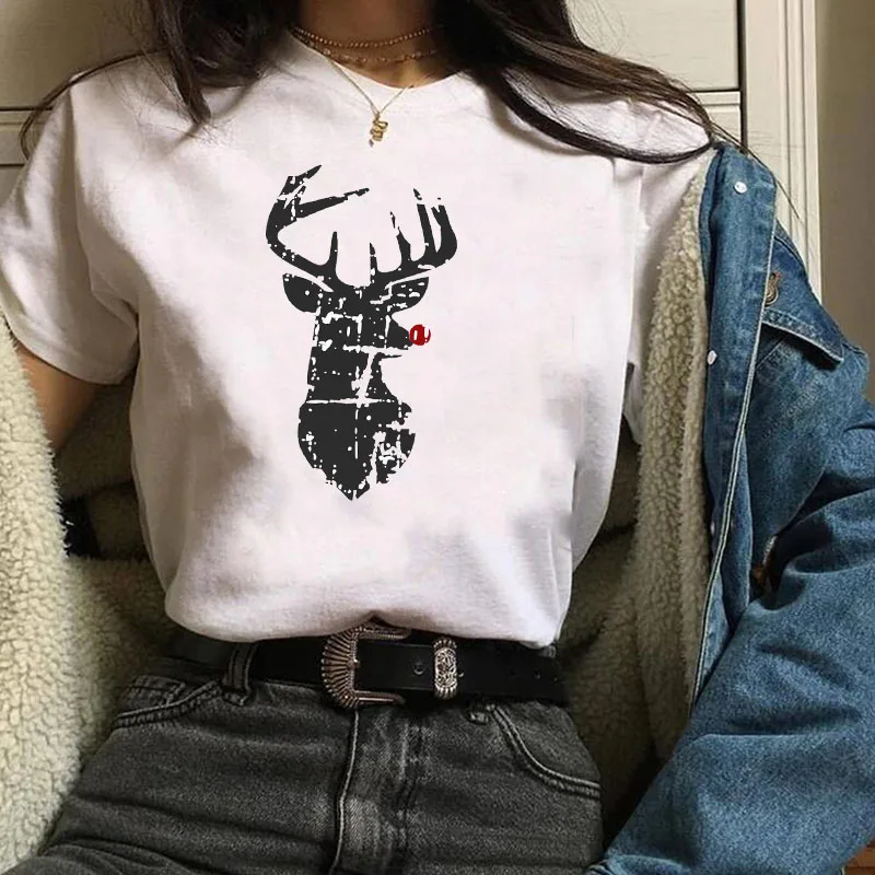 

Womens Deer Winter Holiday Cartoon Print New Year Merry Christmas T-shirt Female T Tee Shirt Camisas Mujer Tshirt Women Tops