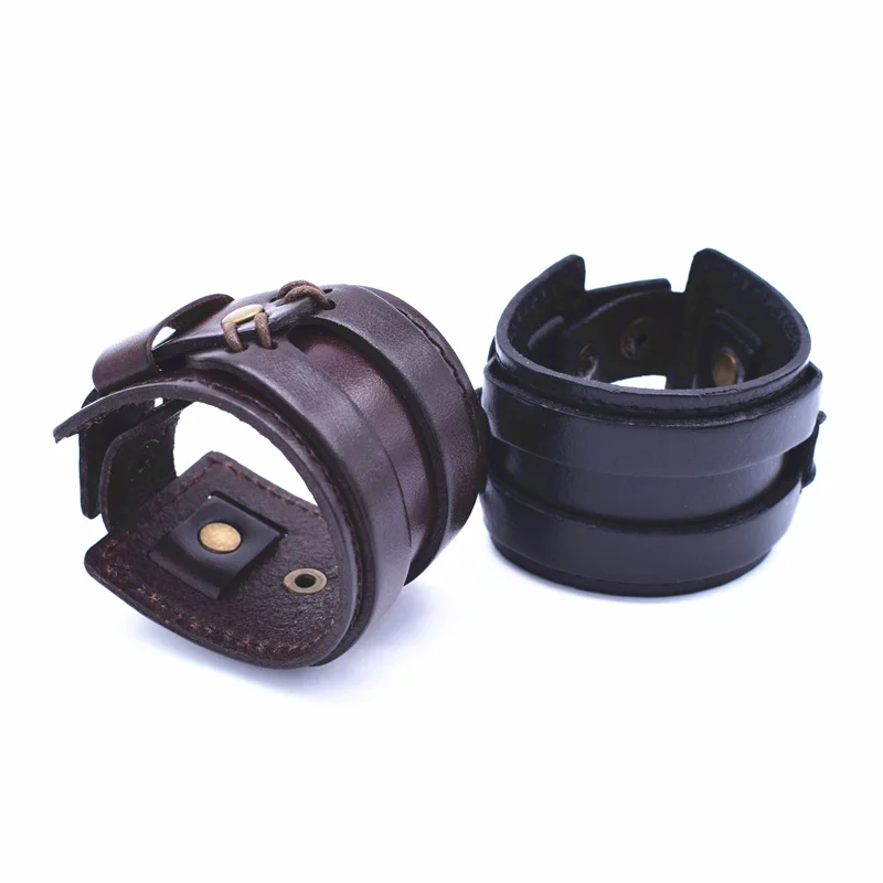 Leather Bracelet Punk Adjustable Button Cuff for Men