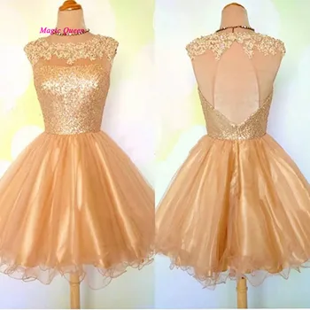 

Classy Gold Sequin Short Cocktail Party Dress Lace Knee Length Christmas Short Prom Homecoming Dress Vestido de Coctel