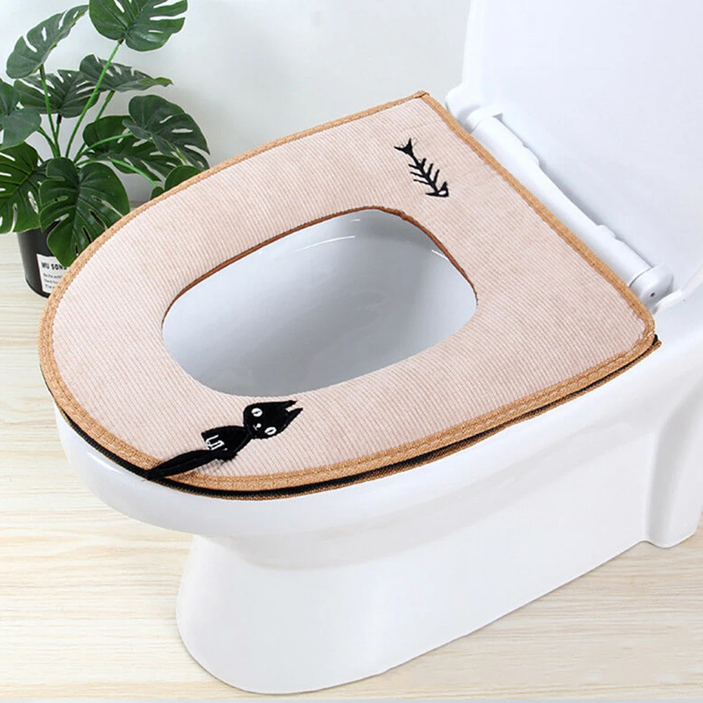 Warm Soft Comfortable Washable Bathroom Cushion Closestool Toilet Seat Cover Zipper Pad Cute Cat Waterproof Mat Cartoon Home