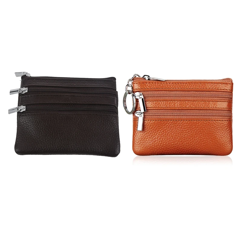 

2Pcs Leather Change Coin Purse with 4 Pockets and Keychain for Women Coffee & Brown