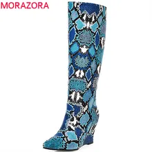 MORAZORA/; женские сапоги до колена; обувь на танкетке с молнией и острым носком из змеиной кожи; сезон осень-зима; женские вечерние сапоги; большой размер 43