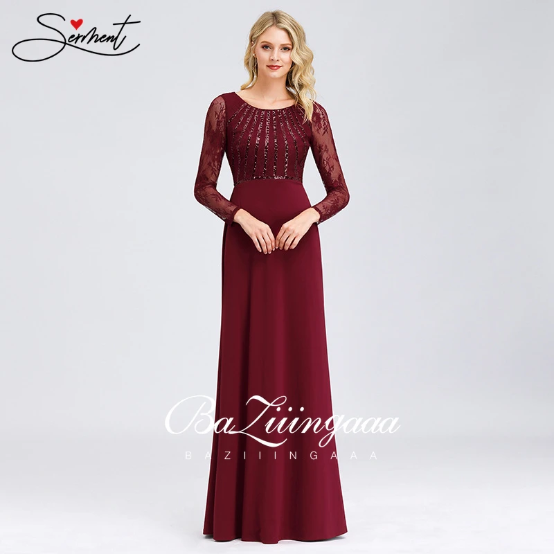 

New Elegant Woman Evening Gown Round Neck Long Sleeve Lace Fishtail Plus Size Long Evening Dress
