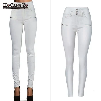 

Women Coated Denim Jeans Pants Punk Style Faux PU Leather Pants Trousers Women Clothes Cotton Denim Skinny Jeans Pants White