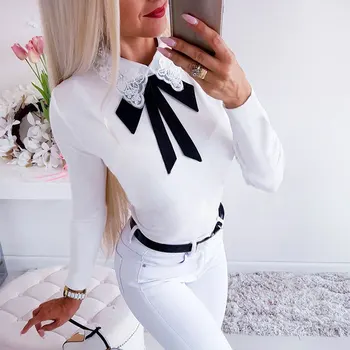 

Lace Sttiching Turn-Down Collar Women Swearter Black Bow Skinny Slim Clothes Tunic Solid Color Temperament Female Kint Tops