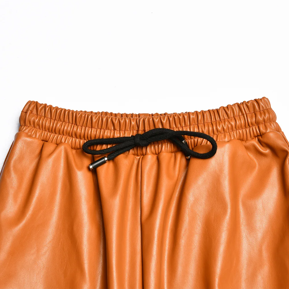 Aproms/однотонные узкие брюки из искусственной кожи для женщин; зимняя уличная одежда; повседневные женские брюки с высокой талией и завязками;