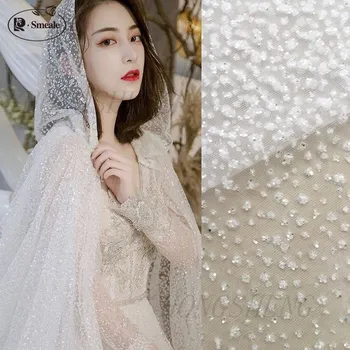 

New European Heavy Lace Fabric Dress Mesh sequins Embroidered Fabrics Clothes Accessories width 130cm RS2134
