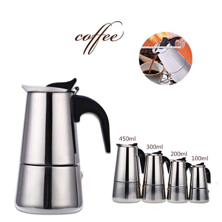

Stainless Steel Coffee Maker Portable Espresso Moka Pot Useful Coffee Brewer Pot Suitable for Pro Barista 100ml/200ml/300ml/450m