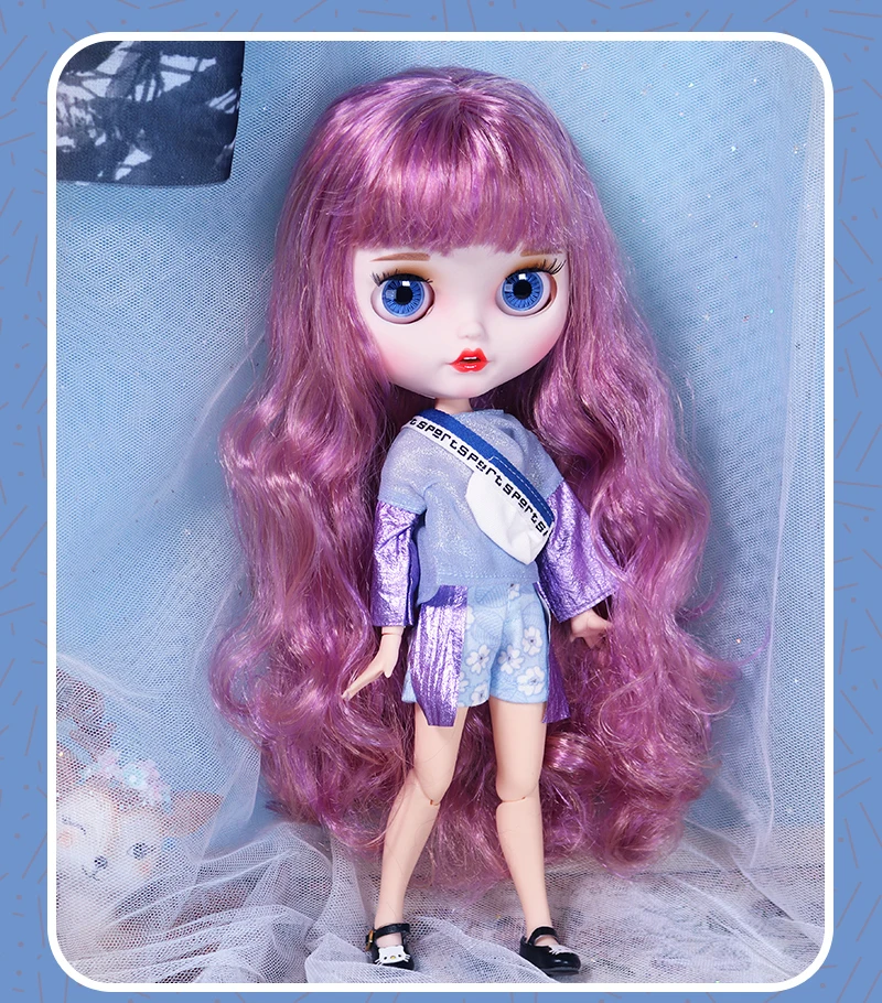 Elayne – Premium Custom Neo Blythe Doll with Purple Hair, White Skin & Matte Smiling Face 1