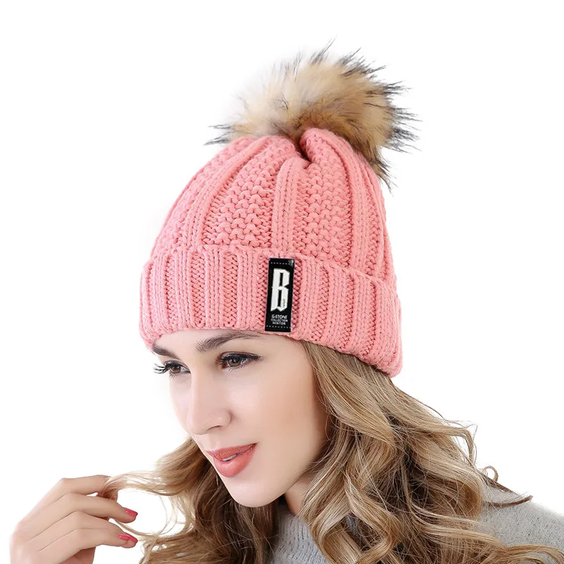Hot Sale Women Warm Hat Plush Fur Lined Pompoms Winter Hat Stylish Wool Beanie Hats For Women Thicken Streetwear Knitted Cap