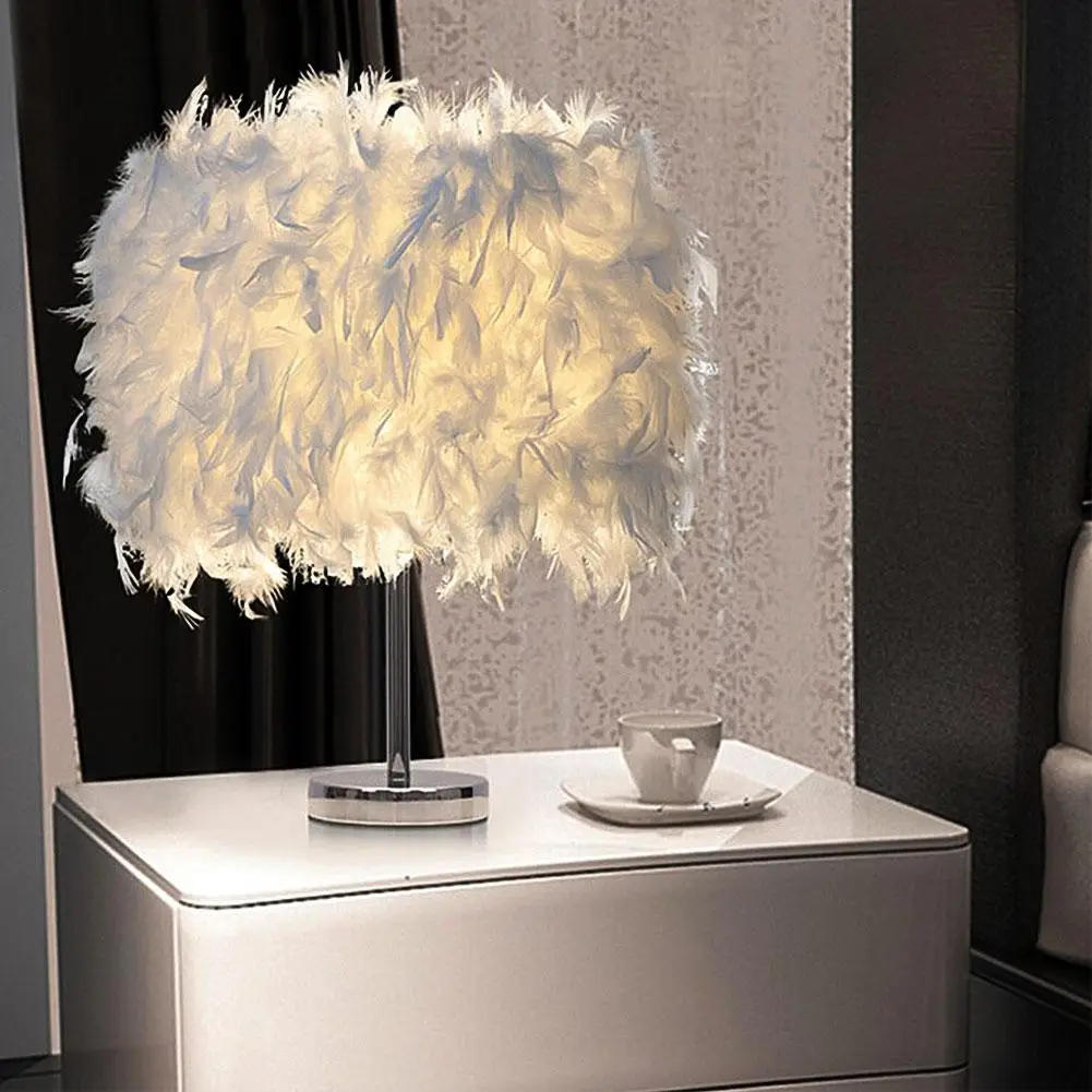 

15x35cm Modern Handmade Feather Lampshade Bedside Desk Night Light beautiful oval shape Feather Crystal Table Lamp Home decors