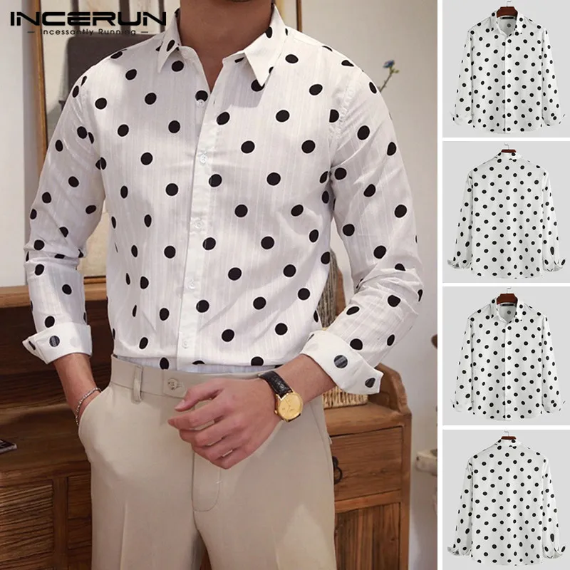 Мужская хлопковая рубашка в горошек Повседневная с длинным рукавом и отложным