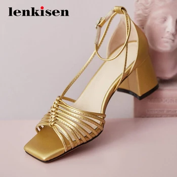 

Lenkisen new narrow band high street fashion vintage peep toe high square heel buckle straps beauty lady dress women sandals L09