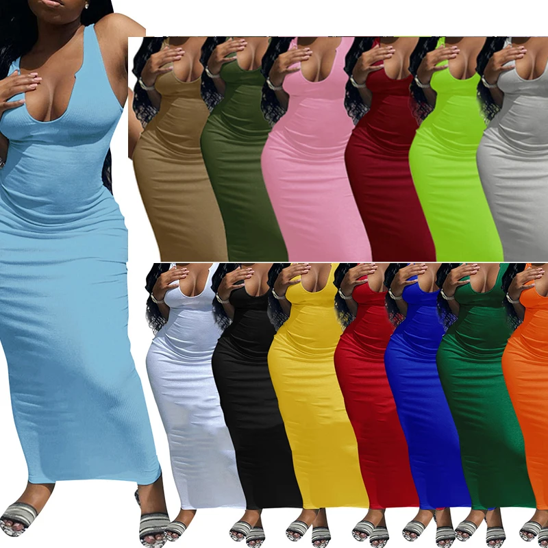 S-3xl Solid Low-cut Casual Sexy Ladies Maix Dresses 15 Colors Sling