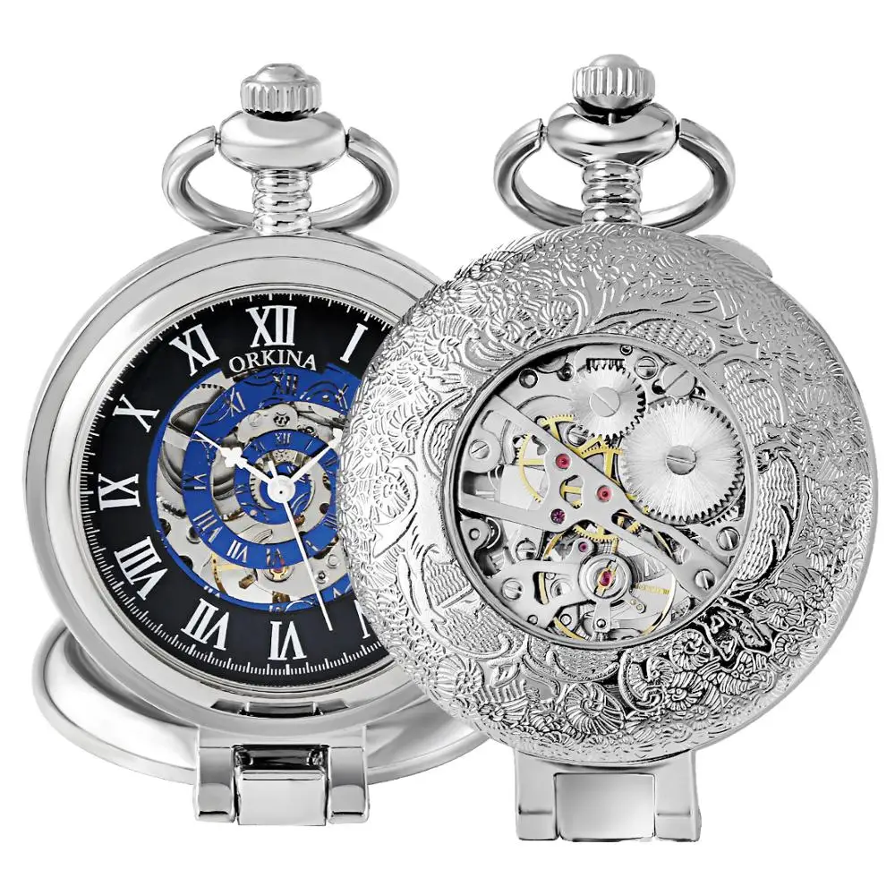 

Standing Silver Skeleton Mechanical Pocket Watch Pocket Watches Necklace Fob Watch Pocket Clock Chain for Men Gift