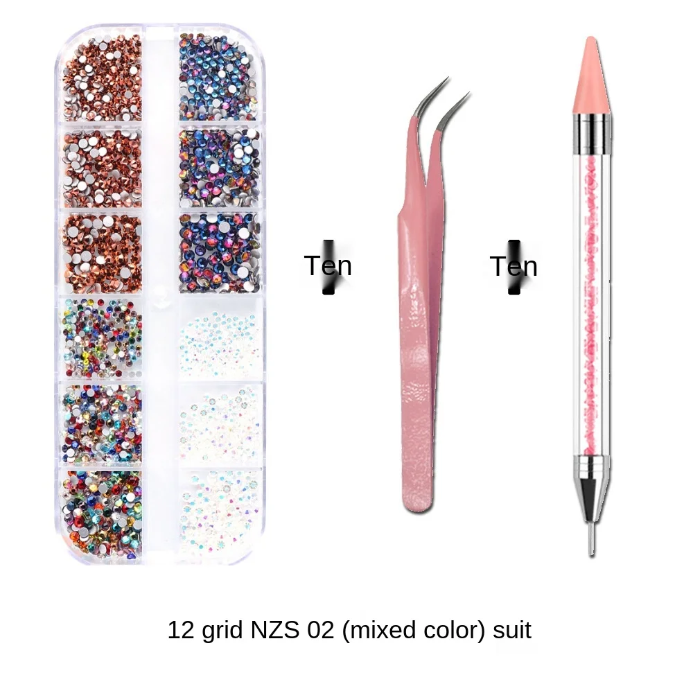 1Box Multi Size Glass Nail Rhinestones Mixed Colors Flat-back AB Crystal With tools 3D Charm Gems  Manicure Nail Art Decorations