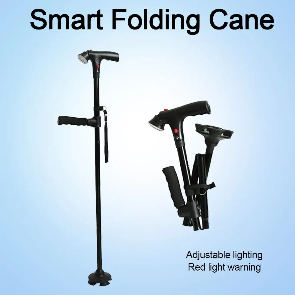 

T-handle Walking Stick LED Telescopic Hiking Trekking Poles Aluminum Alloy Metal Folding Cane Elderly People Crutches Pole
