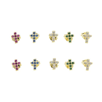 

925 sterling silver Geometric small cross mini earrings rainbow colorful cz delicate dainty fashion stacking tiny party jewelry