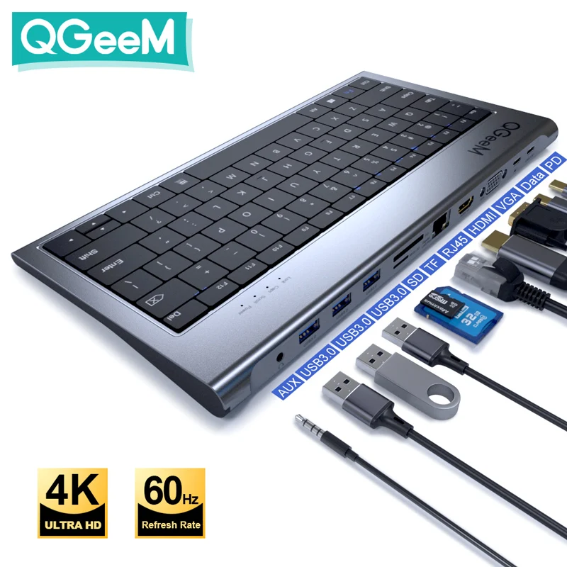 QGeeM USB C Hub for Macbook Pro Triple Display Type C Hub to Dual 4K HDMI & DP Micro SD Card Readers RJ45 Aux PD USB Hub Adapter