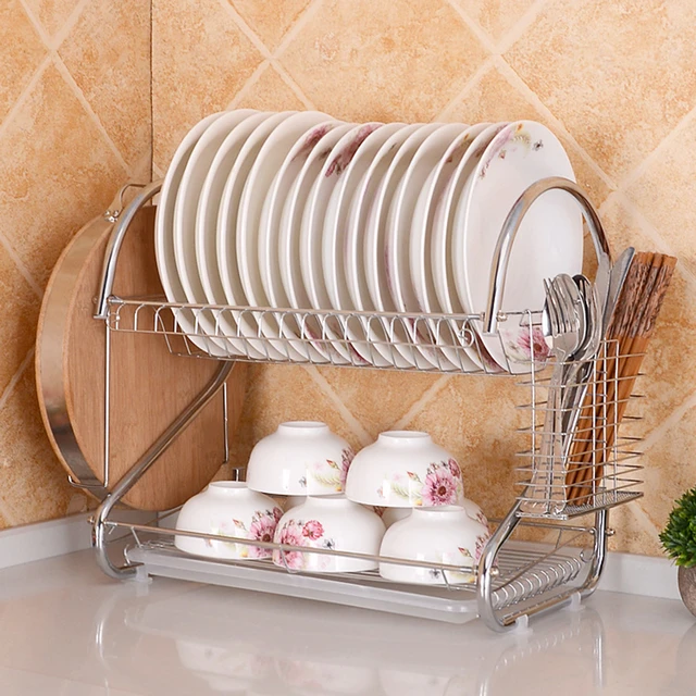 New Double Rows Stainless Steel Dishes Drying Rack With Drain Board For Kitchen  Counter Dishes Rack With Utensil Holder - AliExpress