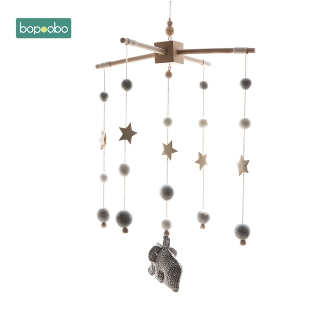 Bopoobo 1set Silicone Beads Baby Mobile Beech Wood Bird Rattles Wool Balls Kid Room Bed Hanging Decor Nursing Children Products Gray Elephant