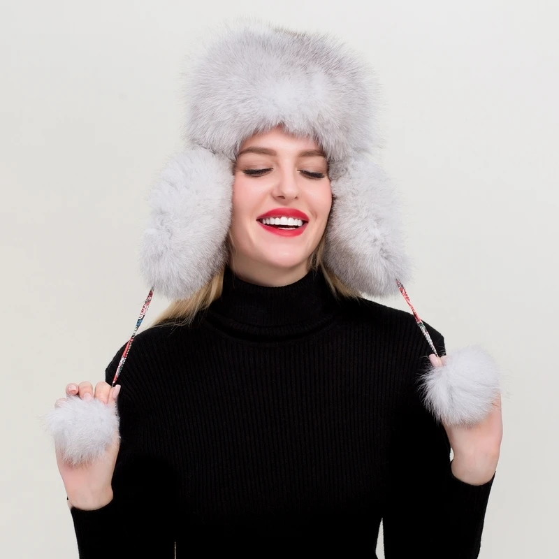 ZDFURS* женская шапка из натуральной Лисы Зимняя ушанка шапка-ушанка Россия Снег Ветер толстый теплый мех натуральная овчина кожаные кепки - Цвет: 12