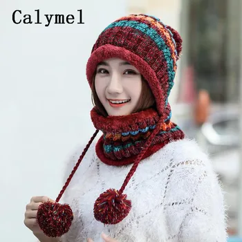 

Calymel Women Hat Colorful Beanie One-piece Cap Scarf Wool ball Sweet Velvet Thicken Fashion Winter Hat Knitted Neckerchief