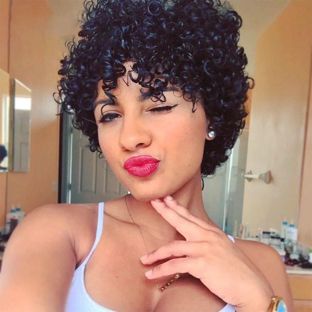 Afro-Kinky-Curly-Wig-Ombre-Brown-Blond-Short-Curly-Human-Hair-Wig-Peruvian-Remy-Hair-Wig