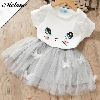 

Melario New Little Girls Dresses Summer Fashion Baby Girl Clothes Cute Cartoon Cat Top T-shirt Mesh Dress 2PCS Girls Party Dress