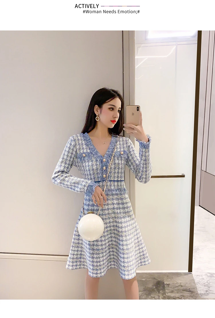 autumn winter new wave autumn dress small fragrance houndstooth waist waist long sleeve knit dress