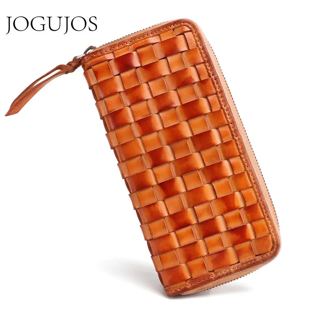 

JOGUJOS Classical Cowhide Women's Woven Wallet Clutch Genuine Leather RFID Wallets Female Long Zipper Coin Purse Fashion Clutch