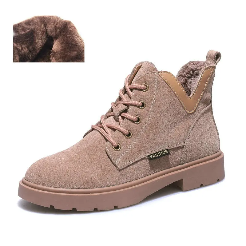 Khaki with fur Ботинки martin г. Женская осенне-зимняя новая женская обувь женские ботинки из воловьей кожи с круглым носком и ремешком v-образные сапоги - Цвет: Khaki with fur