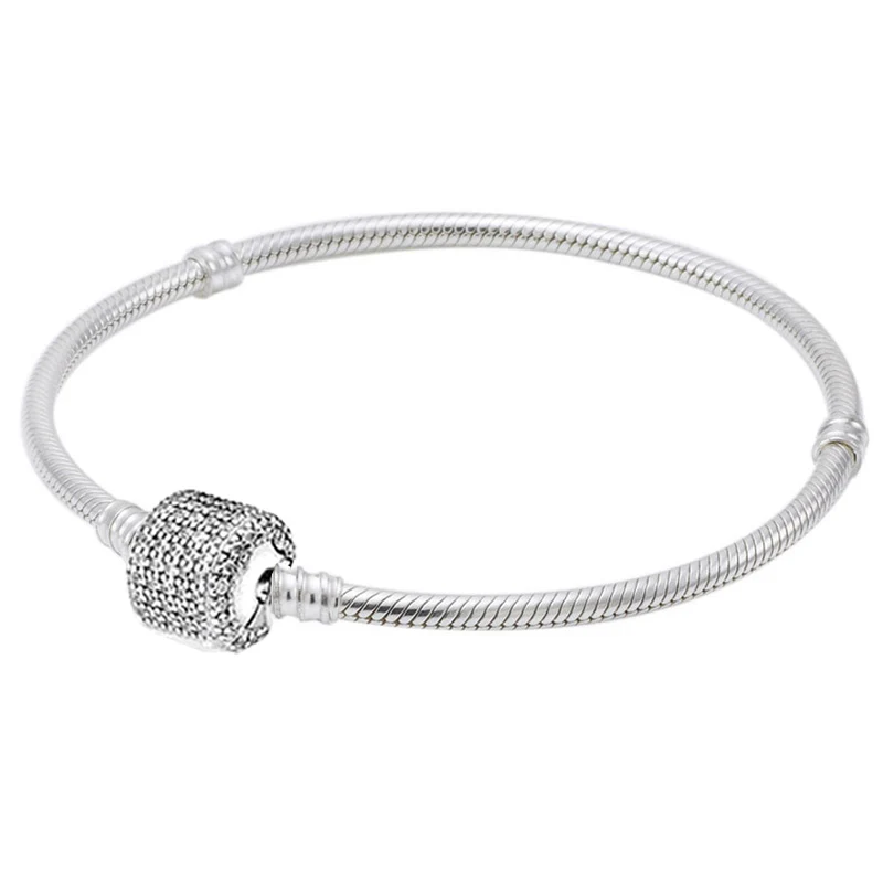 Новинка, 925 пробы, серебряный браслет, фирменная застежка, цепочка-змейка с кристаллами, браслет, браслет, подходит для женщин, бусина, шарм, сделай сам, европейская бижутерия