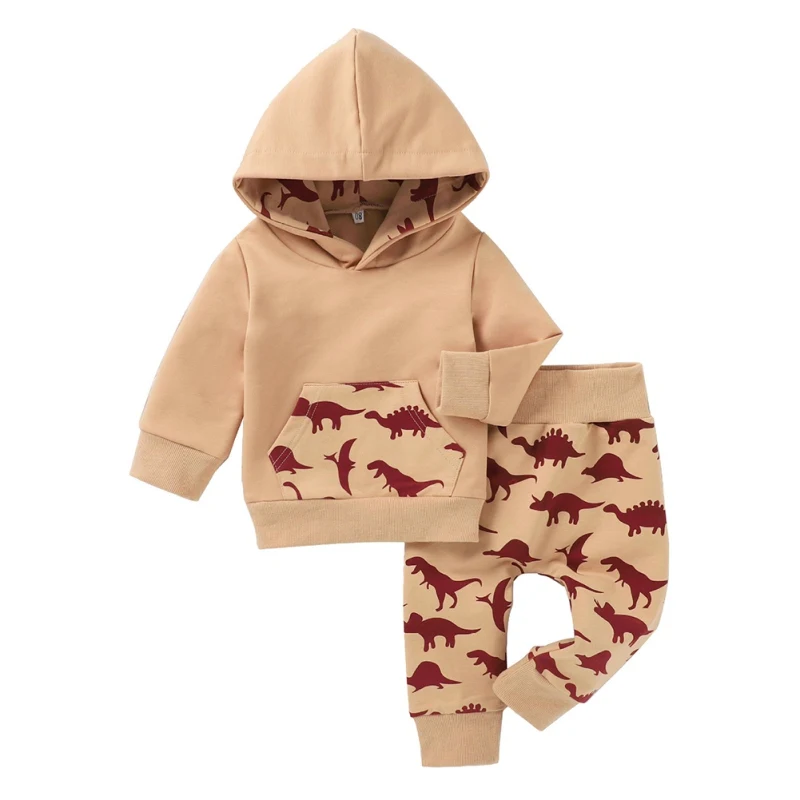 

2020 Cartoon Dinosaur Hooded Sweater Baby Autumn And Winter Round Neck Two-piece Suit