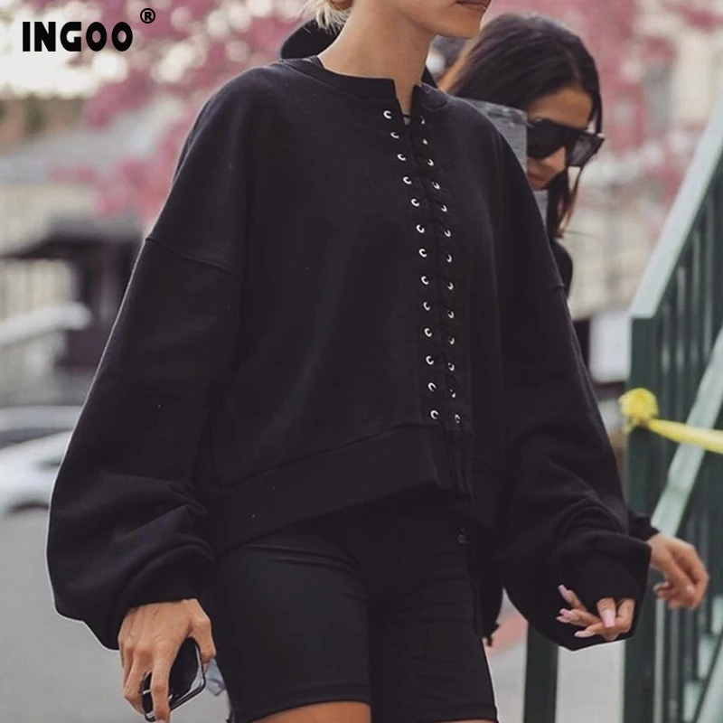 

INGOO Autumn Black Loose Women Sweatshirts Fashion Streetwear Casual Batwing Sleeve O-Neck Drawstring Pullover Felame Sweatshirt