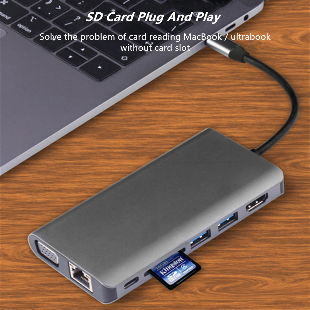 Type C To Rj45 4K HDMI VGA 2 USB 3 0 SD Card Slot Reader PD 3