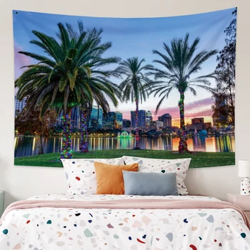 

Laeacco Night City Landscape Tapestry Blanket Wall Hanging Sea Natural Plant Tree Beach Towel Carpet Wall Cloth Home Decor Boho